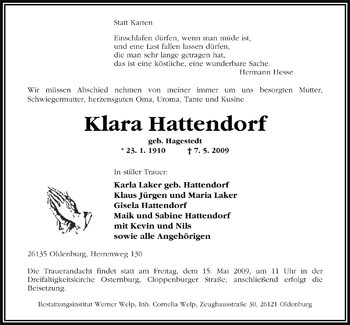 Traueranzeige von Klara Hattendorf von Nordwest-Zeitung